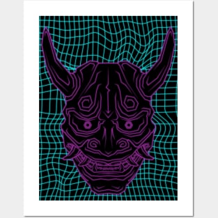 Aesthetic Synthwave Neon Pink Oni Demon Posters and Art